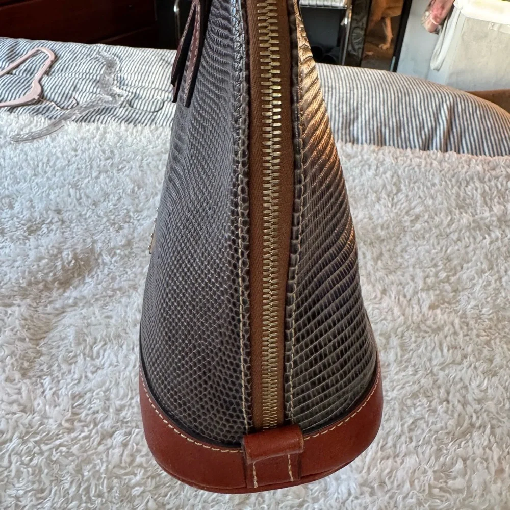 Dooney & Bourke Lizard Embossed Leather Domed Satchel | Brown Leather W/Strap - Picture 5 of 16